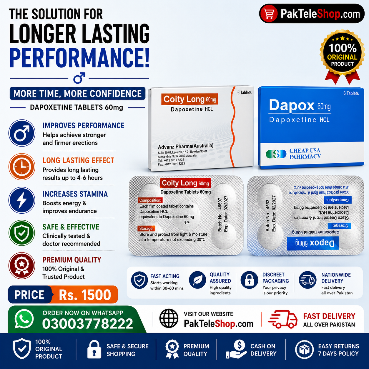 Dapoxetine 60mg Price In Pakistan - 03003778222